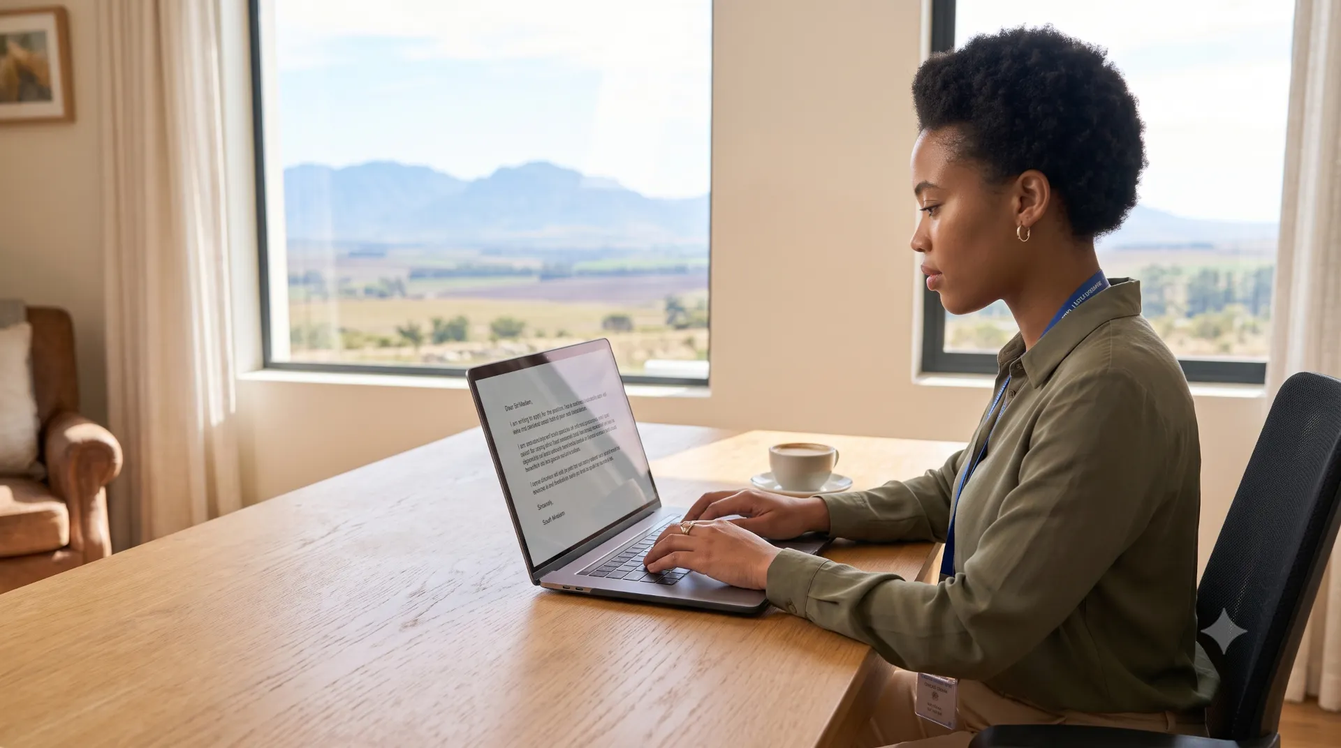Person typing a letter on a laptop at a clean desk