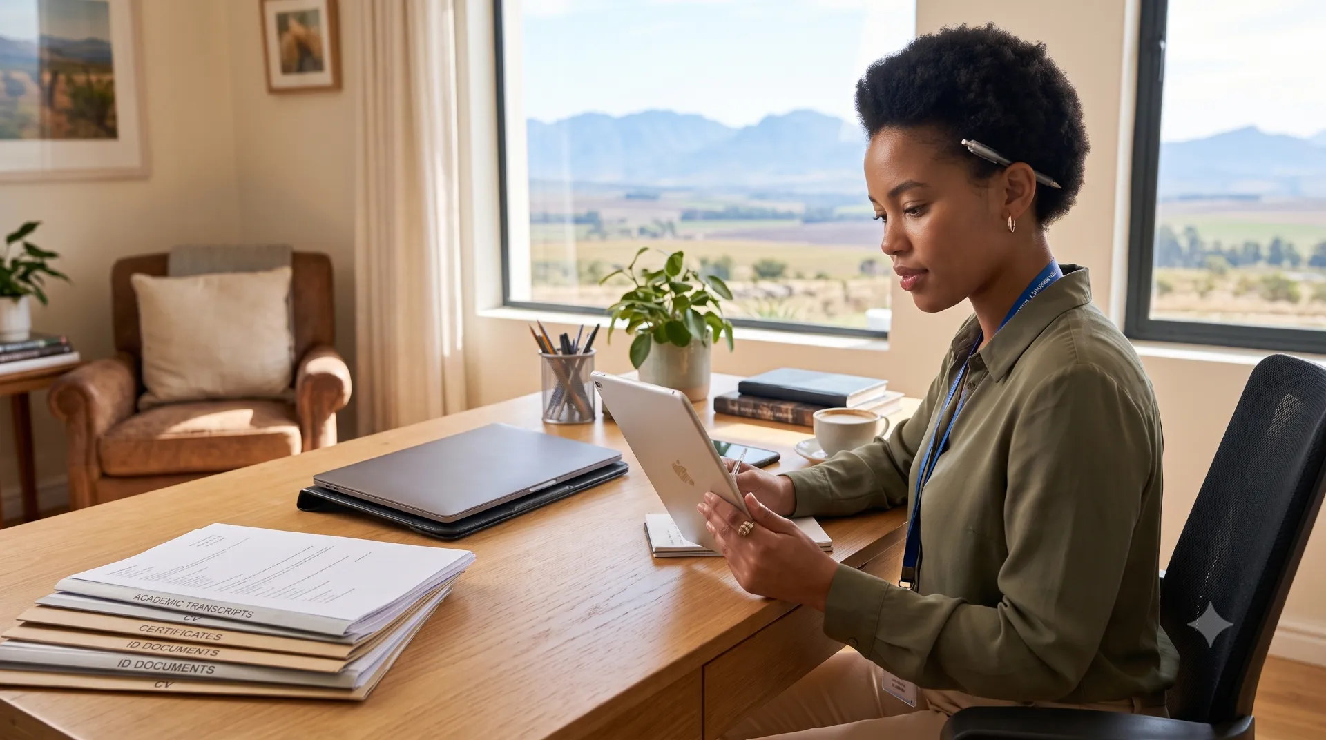 Young graduate reviewing job listings on a tablet