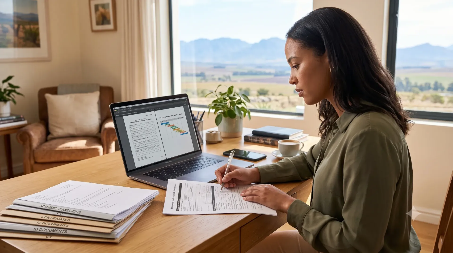 Person filling out paperwork with a laptop and documents on a desk